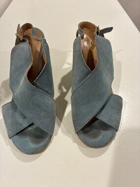 Lien Do Blue Suede Cross Strap Block Heel Sandals Approx Size 7.5
